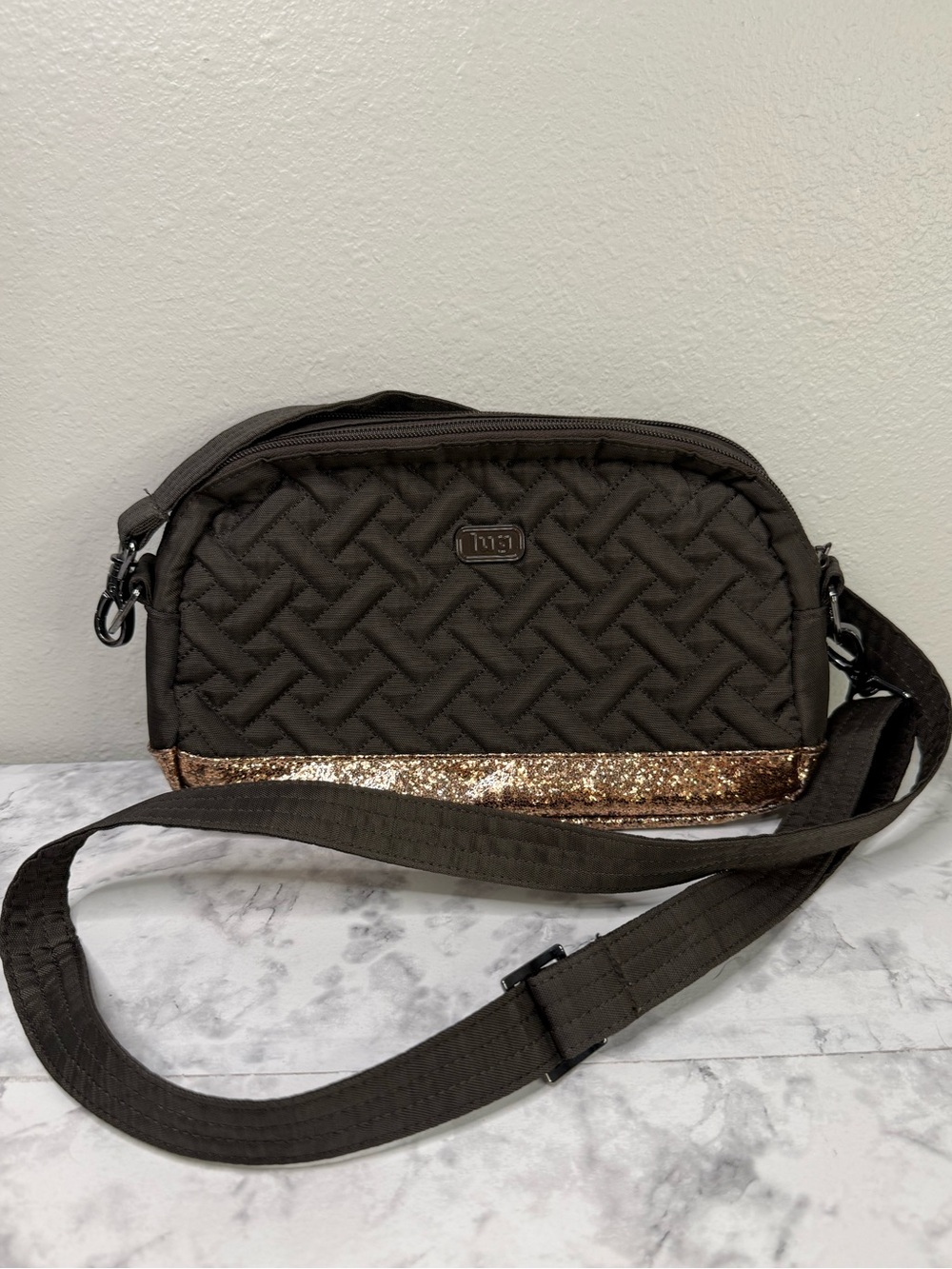 Lug Punter Crossbody Bag Dark Brown Quilted Glitter Trim RFID Travel Purse